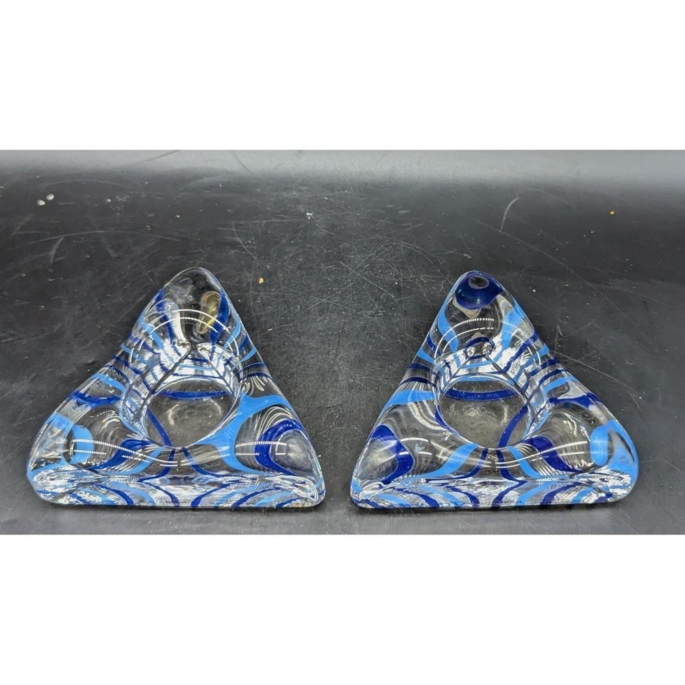 Set/2 Kosta Boda Piece Of Cake Triangle Signed Votive Candle Stripe Cobalt Blue